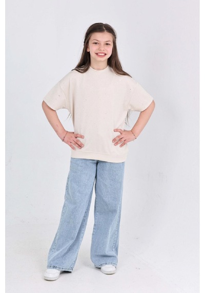 Modanino Kız Çocuk 2'li Jean Takım Pantolon+bluz 7-12 Yaş 12666 Ekru