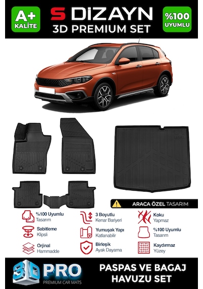 S-dizayn Fiat Egea Cross 3d Pro Havuzlu Paspas Ve Bagaj Havuzu Seti 2'li Set 2020 Üzeri A+ Kalite