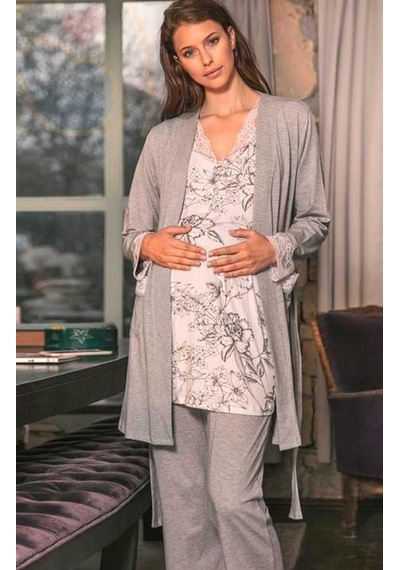 ANIL Anıl 5543 Gri Pembe Dantel Detaylı Hamile Lohusa 3 Lü Pijama Sabahlık Takımı Çok Renkli