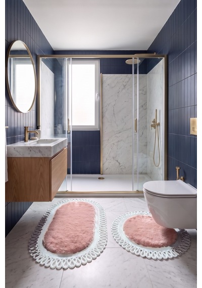 Banyo Paspası Takımı 60x100+60x60 Cm Dış Trikot Pembe & Gümüş