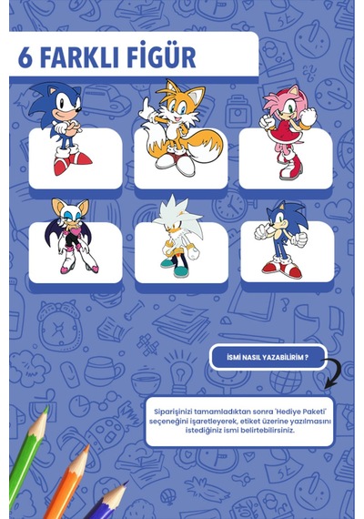 İsim Yazılabilir Sonic Temalı Kişiye Özel Okul Etiketi Kalem & Defter İçin 200 Adet Çoklu