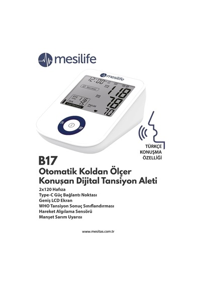 B17 Otomatik Koldan Ölçer Konuşan Dijital Tansiyon Aleti, 2x120 Hafıza, Type-c Güç Bağlantısı, Geniş Lcd Ekran