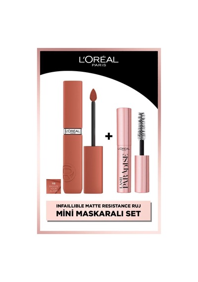 L'Oréal Paris Infaillible Matte Resistance Likit Mat Ruj 115 Snooze Your Alarm + Mini Paradise Maskara 4.7 ML