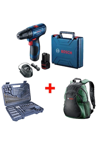 Bosch Professional GSR 120-LI Çift Akülü Delme Vidalama + Bosch Sırt Çantası + Bosch V-Line 103 Parça Aksesuar Seti