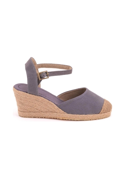 Star Tombis Gerçek Elişi Topuğu Açık Burnu Hasırlı Bilekten Bantlı Dolgu Topuk Keten Hasır Espadril Handmade Gri