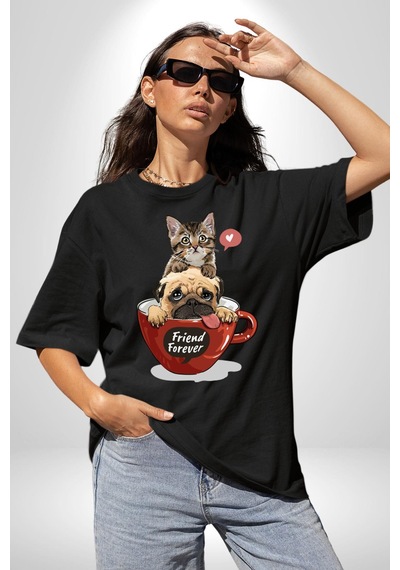 Kedi Ve Köpek Sonsuzadek Arkadaşız Pamuklu Bisiklet Yaka Unisex Oversize Boyfriend Dijital Baskılı Siyah T-shirt Siyah