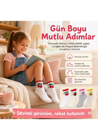 Kız Çocuk Pamuklu 4'lü Meyve Desenli Çorap Kiraz Karpuz Çilek Avokado Günlük Bilek Çorabı Çok Renkli