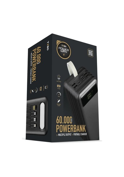 Powerway Tx60 Siyah 60000 Mah Çoklu Çıkış Dijital Göstergeli Ekstra Kablolu Powerbank