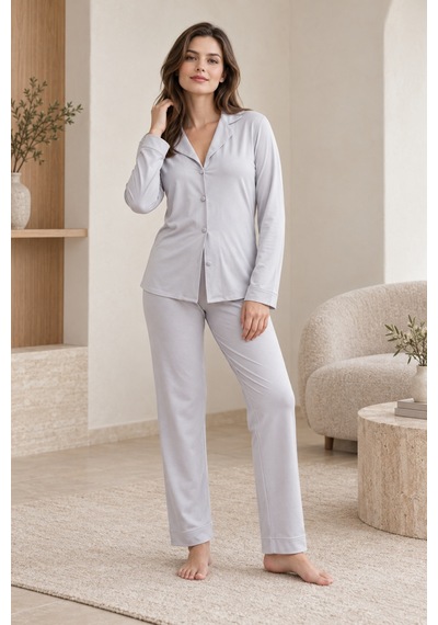 Loule Kadın Gri Penye Pijama Takımı Düğmeli Gömlek Yaka 2 Parça