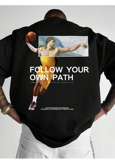Follow Your Path Süprem T-shirt - Siyah Baskılı Oversize Bisiklet Yaka Tişört Siyah