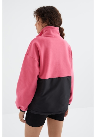 Tommy Life Şeker Pembe Yarım Fermuar Etek Ucu Büzgülü Dik Yaka Oversize Kadın Polar Sweatshirt - 97236 Şeker Pembe