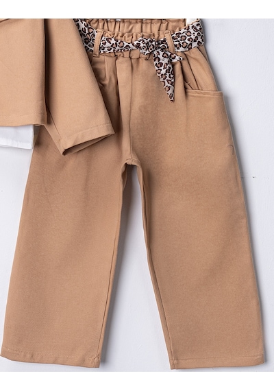 Harika Kids Kız Çocuk Gabardin Ceketli Takım Düğmeli Dokuma Gömlekli, Beli Lastikli Kemerli Pantolon 2-5 Yaş Camel