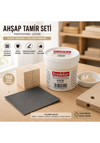 Krem Ahşap Tamir Macunu Seti 200 Gr + 150 Kum Zımpara - Mobilya, Parke Ve Ahşap Kapı Çatlak, Delik, Çizik Onarım Dolgu Macunu