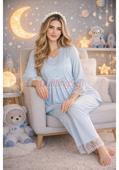 Lady Dantel Detaylı 33204 Uzun Kol 2 Parça Lohusa Hamile Pijama TakımıBebe Mavi Renkli