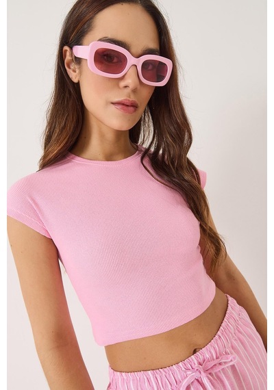 Shade Kadın Bisiklet Yaka Kısa Kollu Basic Kaşkorse Crop Top T-shirt 60602044 - Pembe