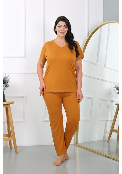 Akbeniz Kadın Büyük Beden Kısa Kol Penye Pijama Takımı Hardal 202405-hardal Hardal