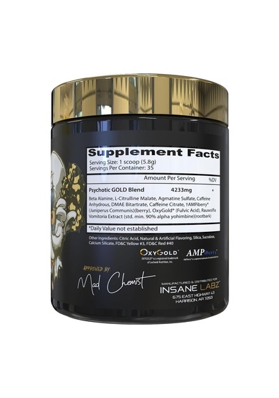 Insane Labz Psychotic Gold Preworkout Beta Alanine, Dmae Bitartrate, No Booster 35 Servis - Peach Ma Aromalı