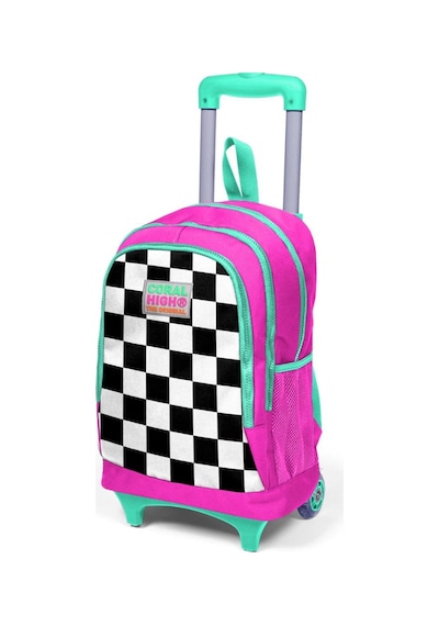 Coral High Kids Neon Pembe Dama Desenli Üç Bölmeli Işıklı Tekerlekli Çekçekli Okul Sırt Çantası 23901