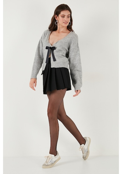 Lela Premium Boncuk Ve Fiyonk Detaylı Regular Fit V Yaka Triko Bayan Hırka 680Hi00180 Gri