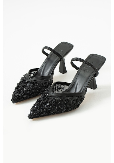 Duxal Shoes Alberta Tüylü Boncuklu Detaylı Arkası Açık Topuklu Ayakkabı Siyah