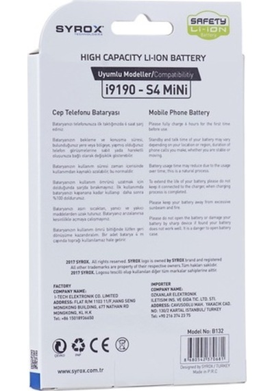 Syrox Samsung Uyumlu S4 Mini / I9190 Batarya B132 (512682766)