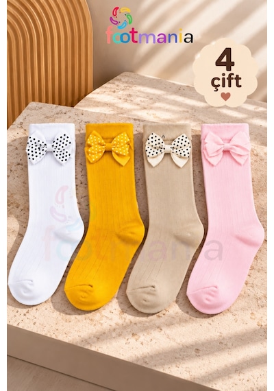 Footmania Kız Çocuk Kurdeleli 4 Çift Çorap Seti Extra Yumuşak Çok Renkli