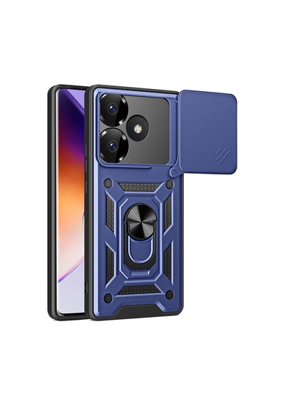 Xiaomi Poco F6 Kılıf Sürgülü Kamera Koruyucu Manyetik Standlı Tank Koruma Celikaksesuar Mavi