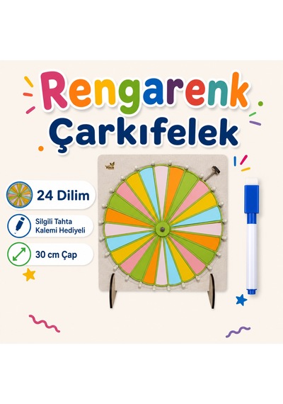 24 Dilim Renkli Çarkıfelek Oyunu Ahşap Eğitim Materyali