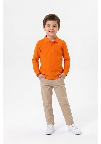 Nacar Store Unisex Çocuk Uzun Kollu Polo Yaka Lakost Okul Tişörtü Turuncu