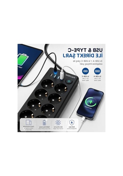 10'lu Usb'li Grup Priz, 2 Metre Kablo, Yüksek Güç Kapasitesi