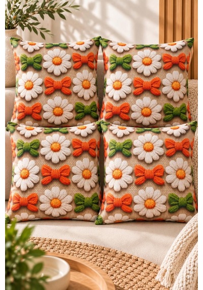4'lü Set Çiçekli Dekoratif Kırlent Kılıfı 43x43 Cm, 3d Efektli Dijital Baskılı - Papatya Demeti Çok Renkli