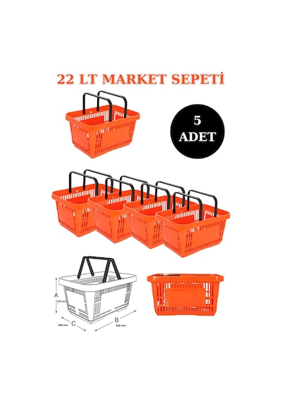 5 adet 22Litre Market ve Alışveriş Sepeti, Saplı Market Sepeti T