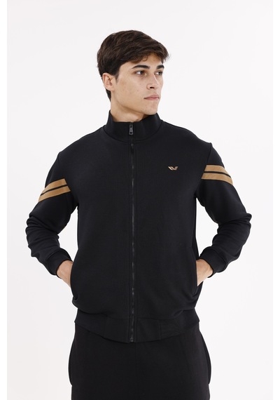 Rowinger Dik Yaka Çift Şerit Kollu Tam Fermuarlı Sweatshirt Black
