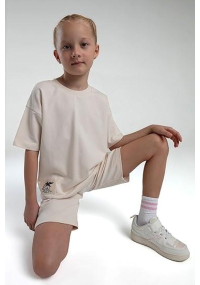 Rolypoly Kız Çocuk Pamuk İki İplik Kısa Kol Şortlu Pijama Takımı Rp3592 Krem