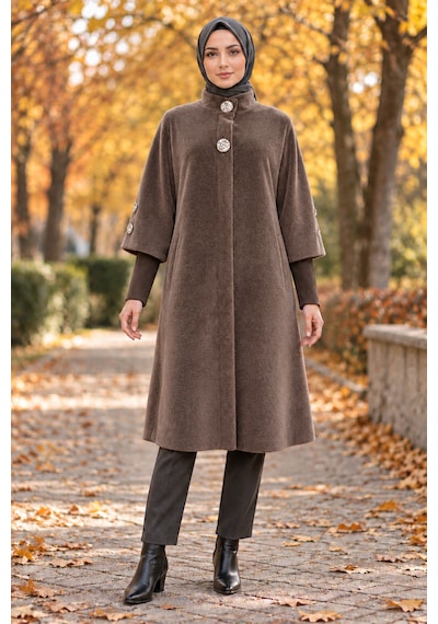 Gold Düğmeli Uzun Kaban-kahverengi-5993 Kahve