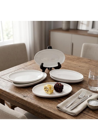 Deconox 6'li Porselen Küçük Boy Oval Tabak Seti - Minimalist Beyaz Sunum Tabağı Kahvaltılık Mezelik Ve Sosluk Ser Diğer