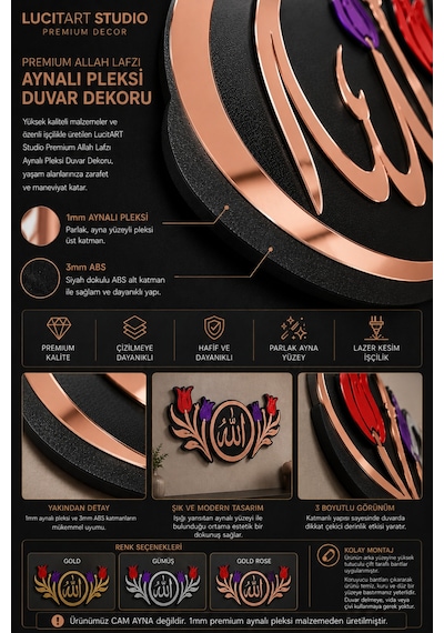Studio Premium Allah Lafzı Aynalı Pleksi Duvar Dekoru Gold, Gümüş, Gold Rose 3mm Abs + 1mm Aynalı Pleksi Metalik
