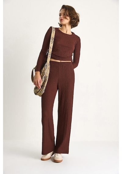 Shade Kadın Yanları Bağlamalı Crop Beli Lastikli Yüksek Bel Pantolonlu Bürümcük Takım 8075 60284110 - Kahve