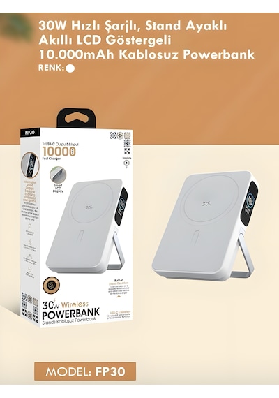 10000mah 30w Hızlı Şarjlı Dijital Göstergeli Taşınabilir Kablosuz Magsafe Powerbank Beyaz Beyaz