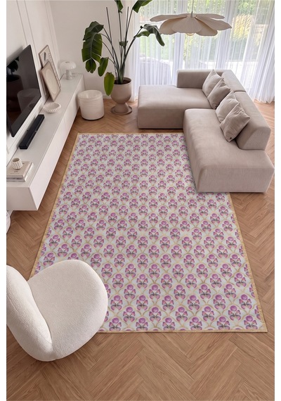 Rose 01 Mor Pembe Kelebekli Gül Desenli Açık Gri Yıkanabilir Dijital Baskı Şönil Mutfak Salon Ev Oda Koridor Halısı Mor Gri