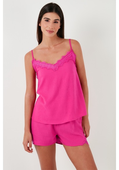 Lela Dantelli V Yaka Ip Askılı Mini Şortlu Bayan Pijama Takımı 6110300 Fuşya