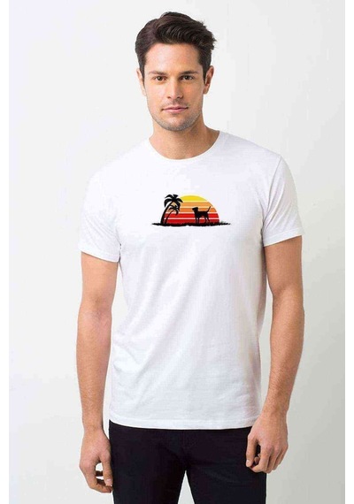 Silhouette Labrador Retriever On Sunset Beach Erkek Beyaz Tshirt