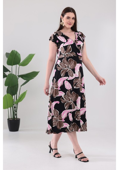 Madwilo Kadın Pembe Floral Desen Fırfır Kol Kruvaze Yaka Büyük Beden Esnek Maxi Elbise