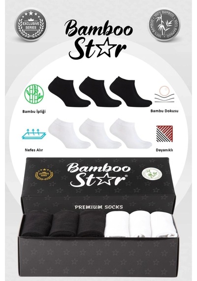 Bamboo Star Bambu Erkek Patik Düz Asorti Çorap Dikişsiz Premium Kutulu 6'lı 3 Siyah - 3 Beyaz Beyaz - Siyah