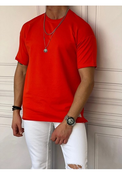 Modefendi Pamuk Likra Yırtmaç Detaylı 2 İplik Oversize Tshirt Kırmızı