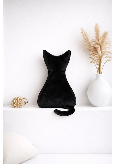 Kedi Figürlü Dekoratif Kırlent Siyah