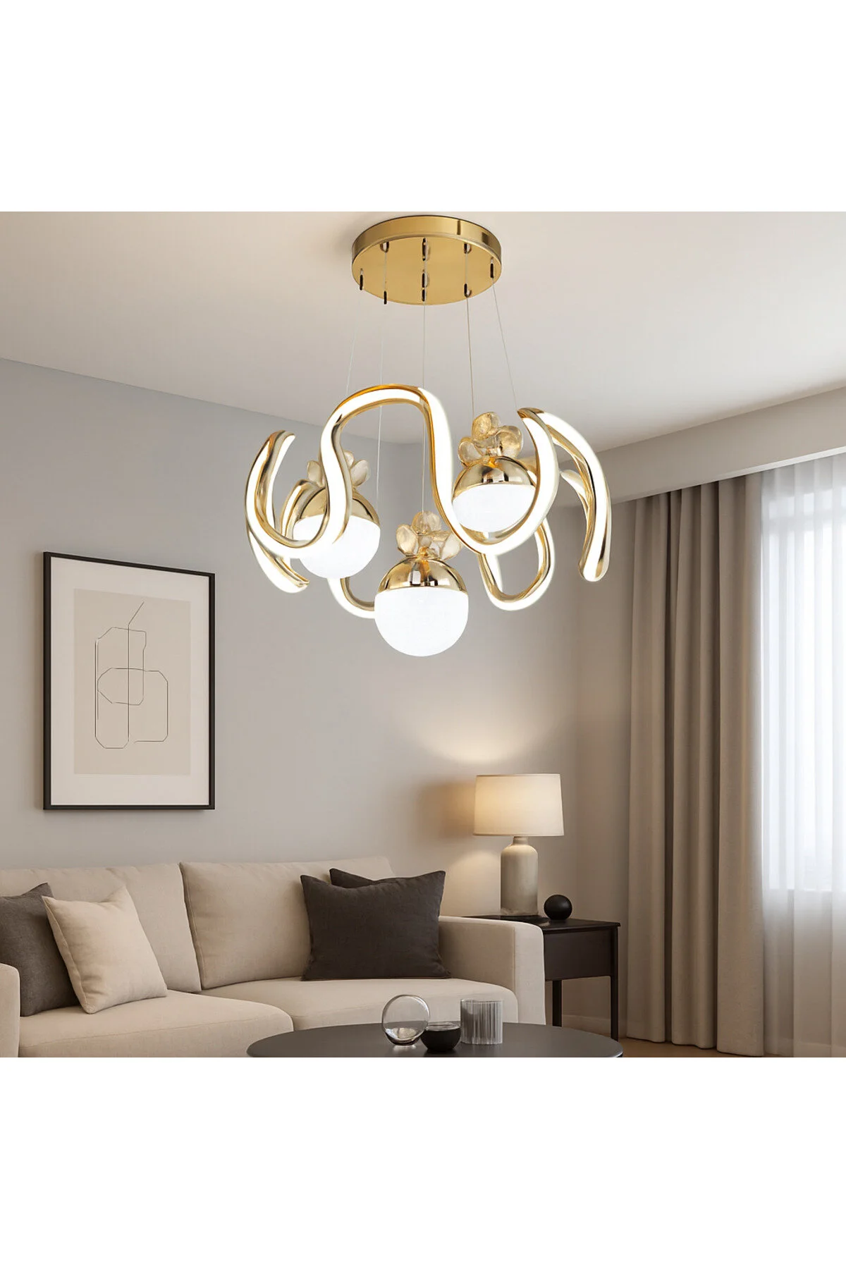 Bohem Aydınlatma Gold Çift Şerit Maxi 4 Top 3 Renk Led Avize Gold