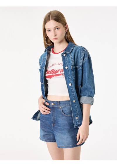 Koton Normal Bel Cepli Düğmeli Pamuklu Mini Denim Şort Orta İndigo 6sal40162md