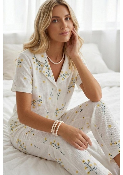 Çiçek Baskılı Bürümçük Kumaş Kısa Kollu Pijama Takımı 6067 Çok Renkli