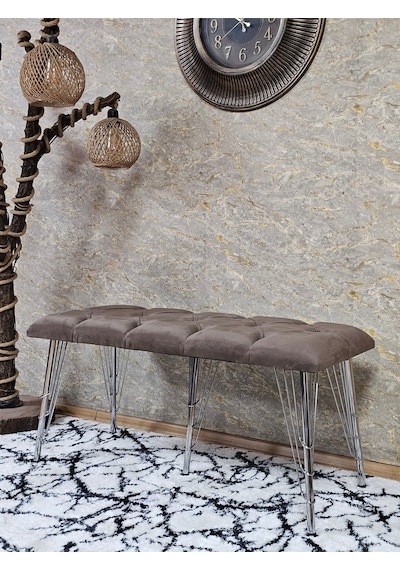 Zafir Metal Krom Tel Ayaklı 100 Cm Puf Bench - Puf - Bench - Oturak - Mutfak Oturağı - Antre Oturağı Kahverengi